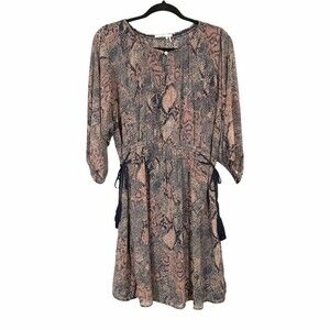 Floreat Womens Blue Red Snake Print 3/4 Sleeve Tasseled Tie A Line Dress Size M